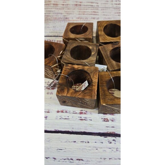 NWT Rustic Square Napkin Rings Bamboo carved real wood Boho Natural 8pc set - Picture 6 of 9
